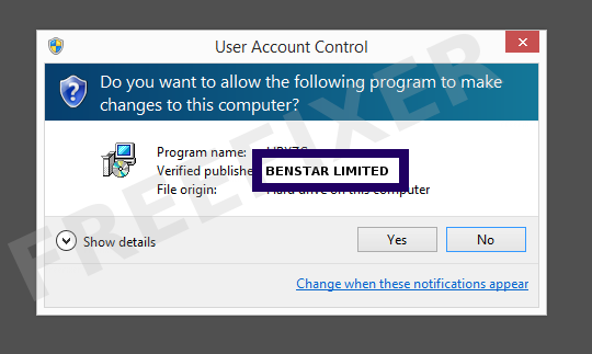 Screenshot where BENSTAR LIMITED appears as the verified publisher in the UAC dialog